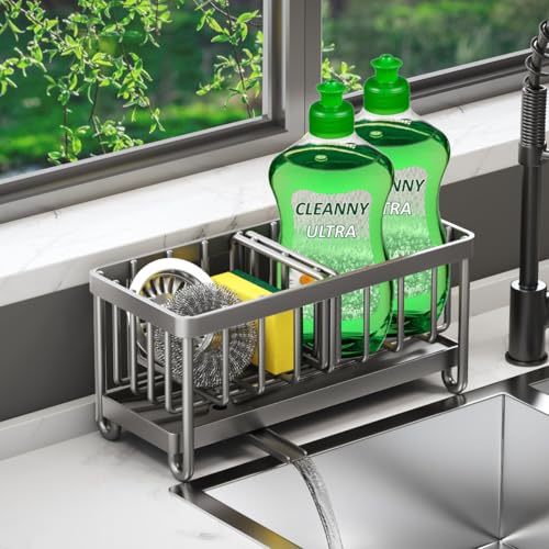 Spülbecken Organizer, Sink Caddy Kitchen Organizer Schwammhalter Mit Selbstentleerender Ablaufwanne, Edelstahl Spülmittel Halterung Organizer für Küche und Badezimmer, Grau Spülbecken Organizer, Sink Caddy Kitchen Organizer Schwammhalter Mit Selbstentleerender Ablaufwanne, Edelstahl Spülmittel Halterung Organizer für Küche und Badezimmer, Grau von OUYULAI