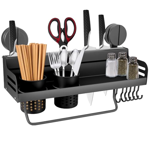 Gewürzregal Wand, Gewürzregal Ohne Bohren mit Saugnapf, Küchenregal Hängend mit 2 Besteckkasten, Messerschlitz und 6 Haken, Gewürzregal mit Saugnäpfen, Einfach installieren für Küchen Badezimmer Gewürzregal Wand, Gewürzregal Ohne Bohren mit Saugnapf, Küchenregal Hängend mit 2 Besteckkasten, Messerschlitz und 6 Haken, Gewürzregal mit Saugnäpfen, Einfach installieren für Küchen Badezimmer von OUZHOU