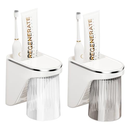 OUZHOU 2 Stück Zahnbürstenhalter, Zahnputzbecherhalter ohne Bohren Mit Magnetischem Bechern und Aufbewahrungsbox, Zahnbürstenhalter Wand Zahnputzbecher Kinder, Toothbrush Holder für Familien Bathroom von OUZHOU