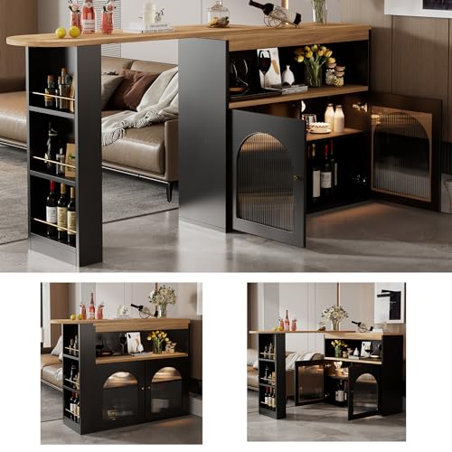 OUZHOU Ausziehbarer Bartisch, Moderner Bartisch mit Stauraum, Esstisch 360° Drehbarer mit Farblich Einstellbarem LED-Streifen, Stehtisch Bistrotisch Theke für Esszimmer Wohnzimmer (Schwarz) von OUZHOU