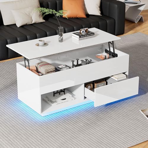 OUZHOU Couchtisch Höhenverstellbar, Wohnzimmertisch mit LED-Beleuchtung, Tisch Wohnzimmer mit 1 Schubladen Offener und Versteckter Stauraum, Beistelltisch Sofa Tisch Hebeplatte für Wohnzimmer Weiß von OUZHOU