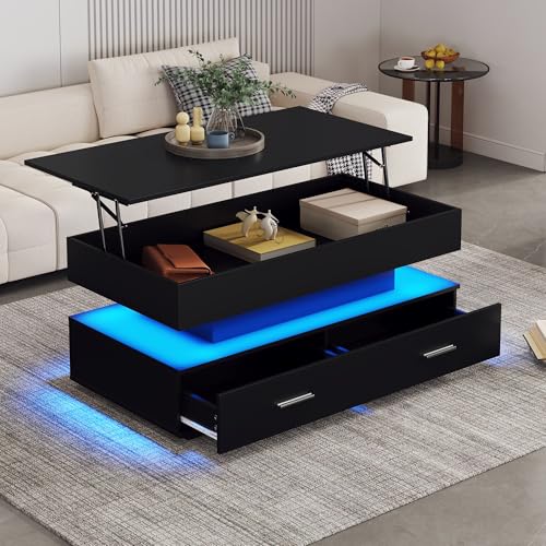 OUZHOU Couchtisch Höhenverstellbar, Wohnzimmertisch mit LED-Beleuchtung, Tisch Wohnzimmer mit 2 Schubladen Offener und Versteckter Stauraum, Beistelltisch Sofa Tisch Hebeplatte für Wohnzimmer Schwarz von OUZHOU
