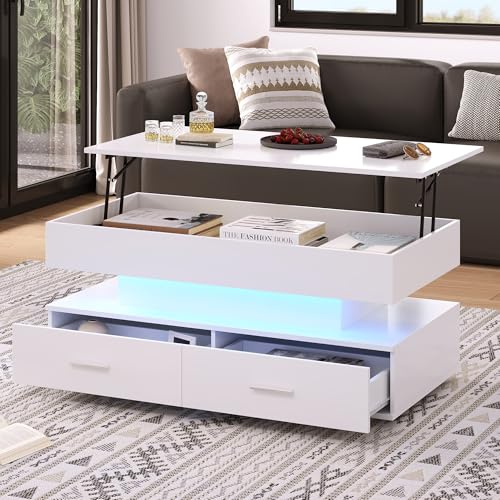 OUZHOU Couchtisch Höhenverstellbar, Wohnzimmertisch mit LED-Beleuchtung, Tisch Wohnzimmer mit 2 Schubladen Offener und Versteckter Stauraum, Beistelltisch Sofa Tisch Hebeplatte für Wohnzimmer Weiß von OUZHOU