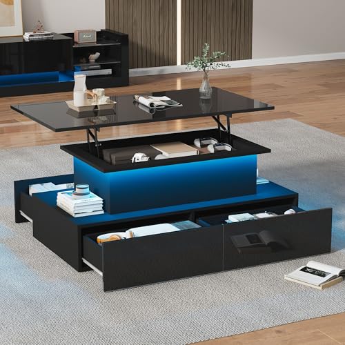 OUZHOU Couchtisch Höhenverstellbar, Wohnzimmertisch mit LED-Beleuchtung, Tisch Wohnzimmer mit 4 Schubladen Offener und Versteckter Stauraum, Beistelltisch Sofa Tisch Hebeplatte für Wohnzimmer Schwarz von OUZHOU