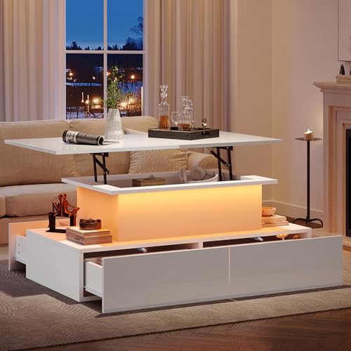 OUZHOU Couchtisch Höhenverstellbar, Wohnzimmertisch mit LED-Beleuchtung, Tisch Wohnzimmer mit 4 Schubladen Offener und Versteckter Stauraum, Beistelltisch Sofa Tisch Hebeplatte für Wohnzimmer Weiß von OUZHOU