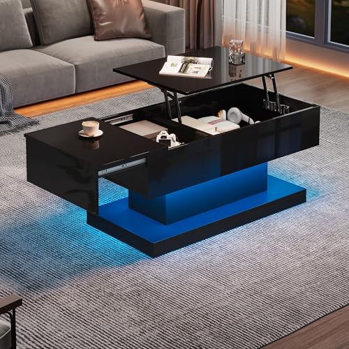 OUZHOU Couchtisch Höhenverstellbar, Wohnzimmertisch mit LED-Beleuchtung, Tisch Wohnzimmer mit Seitenschieber-Design und Offener Stauraum, Beistelltisch Sofa Tisch Hebeplatte für Wohnzimmer Schwarz von OUZHOU