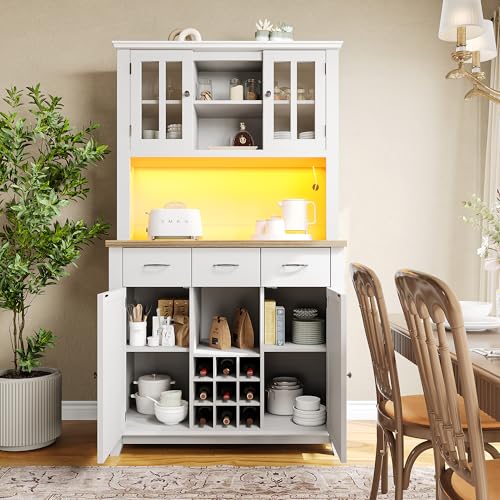 OUZHOU Küchenschrank Buffetschrank mit LED-Beleuchtung, Hochschrank Vitrinenschrank mit 4 Türen 3 Schubladen, Küchenbuffet mit Verstellbaren Ablagen Weinregal für Küche, Wohnzimmer, Esszimmer(Weiße) von OUZHOU