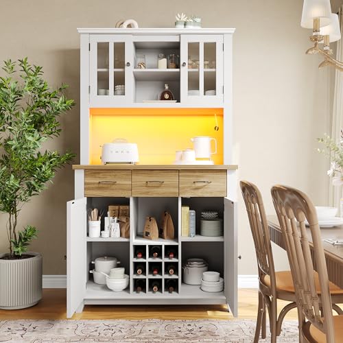 OUZHOU Küchenschrank Buffetschrank mit LED-Beleuchtung, Hochschrank Vitrinenschrank mit 4 Türen 3 Schubladen, Küchenbuffet mit Verstellbaren Ablagen Weinregal für Küche Wohnzimmer Esszimmer(Holzfarbe) von OUZHOU