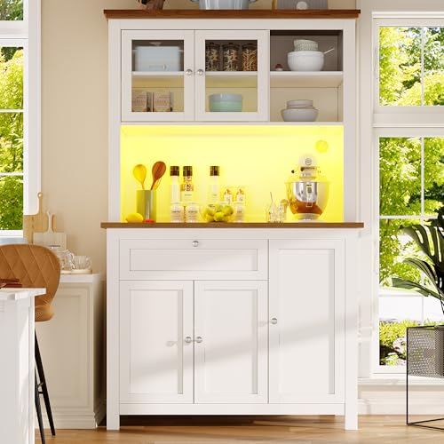 OUZHOU Küchenschrank Buffetschrank mit LED-Beleuchtung, küchenschränke Vitrinenschrank mit 5 Türen 1 Schubladen, Küchenbuffet mit Verstellbaren Ablagen Weinregal für Wohnzimmer, Esszimmer (Weiß) von OUZHOU