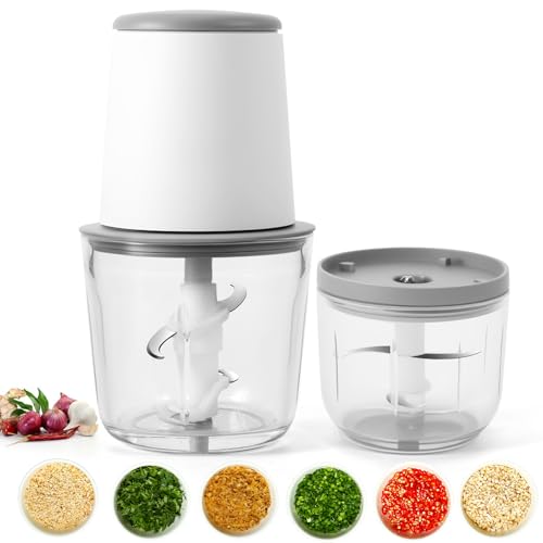 OUZHOU Mini Chopper Küchenmaschine mit 2 Schüsseln 2 Sets Klingen, Küchenmaschinen Elektrisch Fleischwolf Gemüseschneider Glasbehälter, USB Wiederaufladbar Mini Mixer für Fleisch, Smoothie, Zwiebeln von OUZHOU