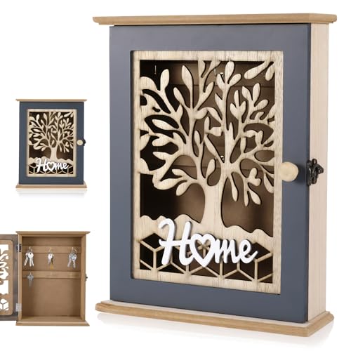 OUZHOU Schlüsselkasten Holz, Schlüsselkasten Vintage Mit 6 Schlüsselhaken, Schlüsselbox mit Metallverschluss für Schlüsselhalter, Schmuck, kleine Gegenstände(Hohl) von OUZHOU