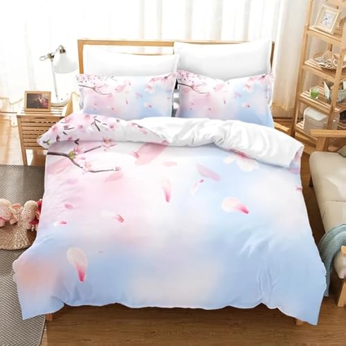 Blühende Kirschblüten Bettbezug Set Hellrosa Bettwäsche Set Frühlingsthema Kunst 3D Blumenmuster Größe 3 Set 200x200cm (79x79in) Bettbezug Set von OUZUIU