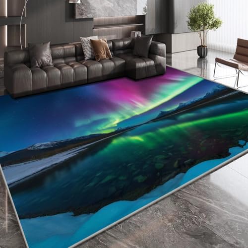 OUZUIU 3D-Druck-Kurzflor-Teppich - Grünes Aurora-Sternenhimmel-Muster, kaschmirimitierter Teppich, Anti-rutsch, waschbar, geeignet für Wohnzimmer, Balkon, Korridor, Restaurant 120x210cm Carpet von OUZUIU