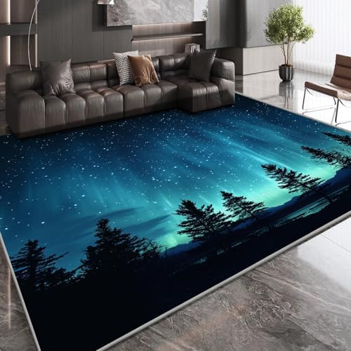 OUZUIU 3D-Druck-Kurzflor-Teppich - Sternenhimmel-Polarlicht-Wald-Fluss-Muster, kaschmirimitierter Teppich, Anti-rutsch, waschbar, geeignet für Wohnzimmer, Arbeitsbereiche 90x180cm Carpet von OUZUIU