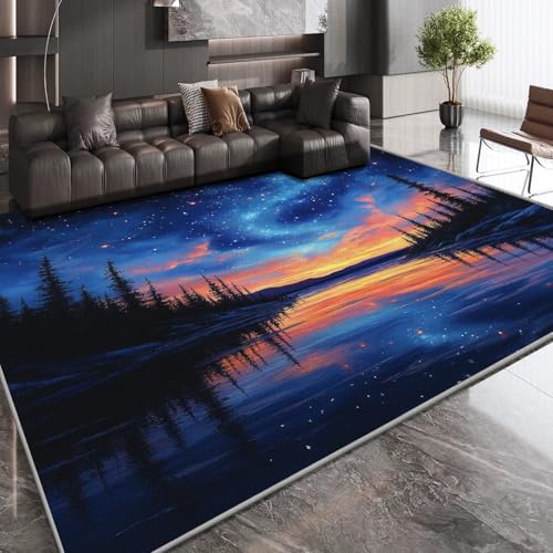 OUZUIU 3D-Moderner-Kurzflor-Kinderteppich - Sternenhimmel-Polarlicht-Wald-Fluss-Muster, rutschfeste Spielmatte für Kinderzimmer, Wohnzimmer & Schlafzimmer 80x150cm Carpet von OUZUIU