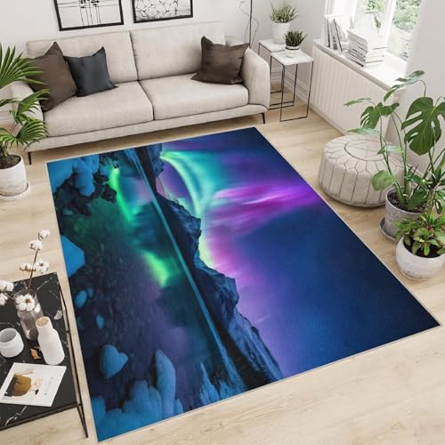 OUZUIU 3D-Natur-Kurzflor-Kinderteppich - Sternenhimmel-Polarlicht-Landschaft-Muster, rutschfeste Spielmatte, für Kinderzimmer, Wohnzimmer, Schlafzimmer 80x250cm Carpet von OUZUIU
