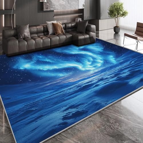 OUZUIU 3D-Natur-Kurzflor-Teppich - Sternenhimmel-Polarlicht-Wald-Fluss-Muster, rutschfeste Spielmatte, für Wohnzimmer, Schlafzimmer, Flur 120x150cm Carpet von OUZUIU