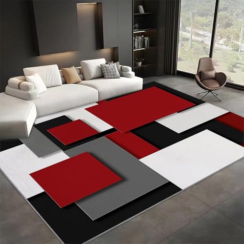 OUZUIU Anti-Rutsch Unterseite waschbarer Teppich KurzflorTeppich Wohnzimmer Geometrie Graurot Quadrate Schlafzimmer Bettvorleger, Moderner Flauschig Weich Teppiche für Kinderzimmer 160x200cm Carpet von OUZUIU