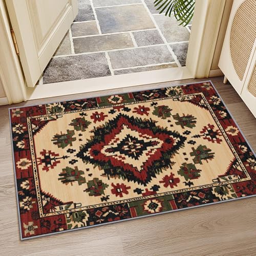 OUZUIU Ethnisch Teppich, Vintage - Geometrie - Muster im Ethno - Stil, Waschbarer Kurzflor, Antirutsch, Ideal für Wohnzimmer & Schlafzimmer (Beige, Rot, Schwarz) 120x210cm Carpet von OUZUIU