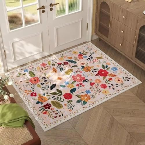 OUZUIU Fußmatte für den Innenbereich, Beige, Blumenteppich, Rutschfester Kurzflorteppich, waschbarer Teppich, Teppich für den Eingangsbereich, Küchenteppich 60x90cm Teppich von OUZUIU