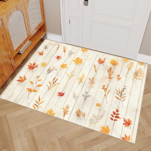 OUZUIU Kurze Flusen Teppich 120x240cm Wohnzimmer Blätter Pflanzen 3D Druck Holz Muster Kaschmirimitat Anti-Rutsch Leicht zu reinigen Waschbare Rückseite Wohn Arbeitsbereiche, Mietwohnungen von OUZUIU