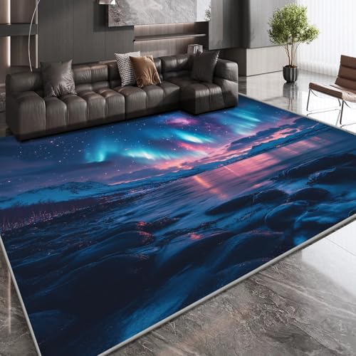 OUZUIU Kurzflor-Kinderteppich - Sternenhimmel-Polarlicht-Wald-Fluss-Muster, rutschfeste Spielmatte, für Kinderzimmer, Wohnzimmer, Teenager-Schlafzimmer 160x230cm Carpet von OUZUIU