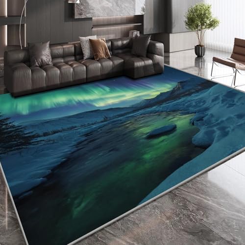 OUZUIU Kurzflor-Teppich - Aurora-Nachthimmel-Berge-Muster, flauschig weich & rutschfest, für Wohnzimmer, Schlafzimmer, Flur, Kinderzimmer 60x150cm Carpet von OUZUIU