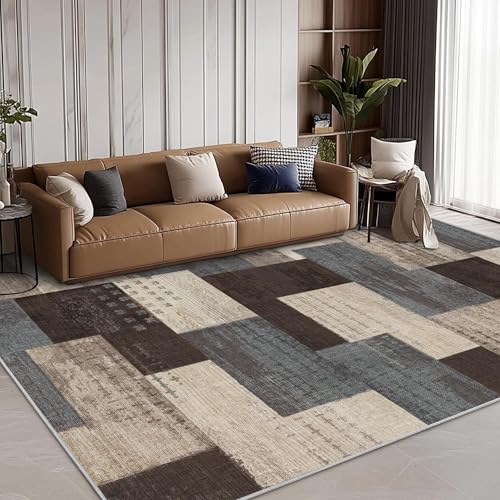 OUZUIU Moderne Geometrische Patchwork Indoor Wohnzimmer Teppich, 200x320cm Blau Große rutschfest Teppiche Böden Dekor für Schlafzimmer, Blau Taupe Weich Kurzflor Waschbar Teppich Gegend von OUZUIU