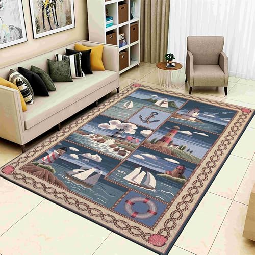 OUZUIU Nautischer Teppich, Küste & Leuchtturm Muster mit Segelschiffen, Weich Dünn Bequem, Langlebig Atmungsaktiv Faltbar, Ideal für Wohnzimmer Esstisch Schlafzimmer 60x150cm Carpet von OUZUIU