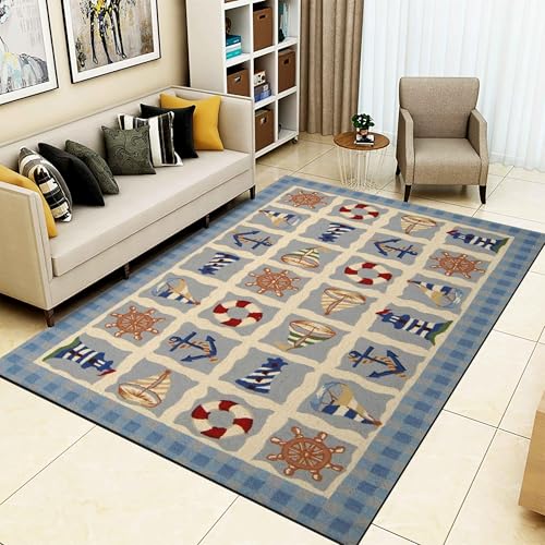 OUZUIU Nautisches Teppich mit Küste, Anker, Ruder & Leuchtturm Mustern, Maschinenwaschbar Weich Kurzflor, Schlafzimmer & Esszimmer, Kinderfreundlicher für Heimdekoration 150x210cm Carpet von OUZUIU