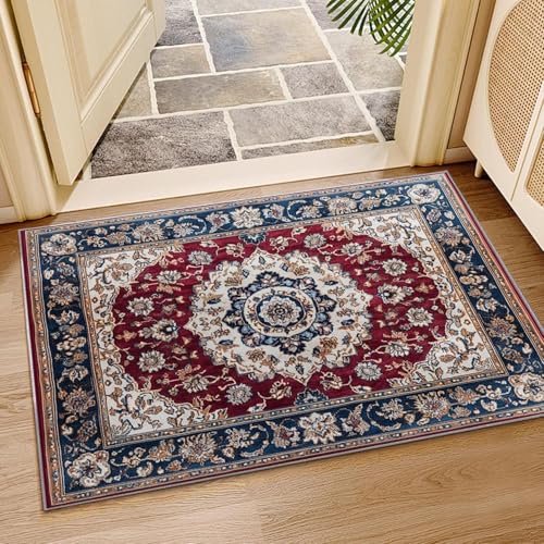 OUZUIU Orientalisch-Vintage Retro-Blumen-Kurzflor-Teppich - Waschbarer, Rutschfester Fussmatte, buntes Muster für Haustür, Wohnzimmer, Esszimmer (Rot) 60x110cm Carpet von OUZUIU