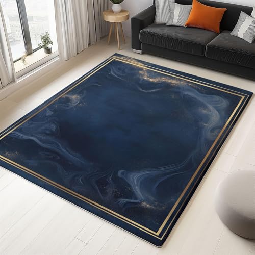 OUZUIU Teppich Tinte Marmor Rahmen Wohnzimmer Schlafzimmer Waschbar Kurzflor Anti-Rutsch, Langlebig Weich Superfeiner Kaschmir Deko-Teppiche Rechteckig Pflegeleicht Dunkelblau 100x120cm Carpet von OUZUIU