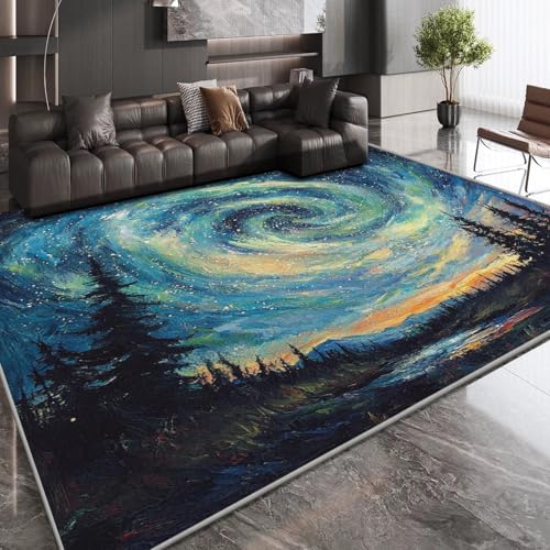 OUZUIU Teppich Wohnzimmer 3D Druck Sternenhimmel Polarlicht Muster Wald Fluss Teppich Kaschmirimitat Anti Rutsch Leicht zu reinigen Waschbare für Balkone Korridore Restaurants 60x240cm Carpet von OUZUIU