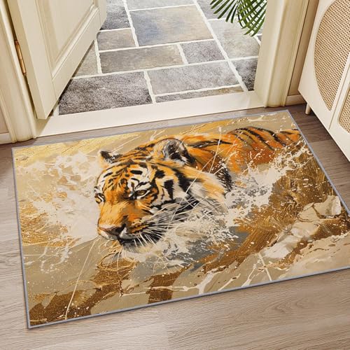 OUZUIU Tiger-Waschbarer Teppich - Abstrakt-künstlerischer Tier-Teppich, moderner Wildnis-Design, kurzflor & rutschfest für Wohnzimmer, Schlafzimmer, Goldorange 60x90cm Carpet OUZUIU Tiger-Waschbarer Teppich - Abstrakt-künstlerischer Tier-Teppich, moderner Wildnis-Design, kurzflor & rutschfest für Wohnzimmer, Schlafzimmer, Goldorange 60x90cm Carpet von OUZUIU