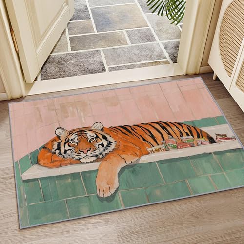 OUZUIU Tiger-Waschbarer Teppich - Lustig-Wildtiere-Kurzflor-Teppich, Bunte Fliesen-Design, rutschfest, Orange-Rosa-Grün, für Wohnzimmer & Schlafzimmer 90x120cm Carpet von OUZUIU