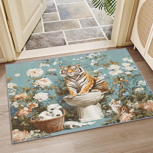 OUZUIU Tiger-Waschbarer Teppich - Lustig-künstlerischer Katze-Blumen-Teppich, Wildtiere-Blumen-Design, kurzflor & rutschfest für Wohnzimmer, Schlafzimmer, Hellblau-Weiße 60x180cm Carpet OUZUIU Tiger-Waschbarer Teppich - Lustig-künstlerischer Katze-Blumen-Teppich, Wildtiere-Blumen-Design, kurzflor & rutschfest für Wohnzimmer, Schlafzimmer, Hellblau-Weiße 60x180cm Carpet von OUZUIU