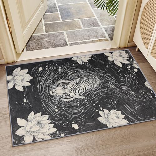 OUZUIU Tiger-Waschbarer Teppich - Minimalistisch-Tiere-Lotus-Kurzflor-Teppich, orientalischer Design, rutschfest, Schwarz-Weiße, für Wohnzimmer & Schlafzimmer 60x90cm Carpet OUZUIU Tiger-Waschbarer Teppich - Minimalistisch-Tiere-Lotus-Kurzflor-Teppich, orientalischer Design, rutschfest, Schwarz-Weiße, für Wohnzimmer & Schlafzimmer 60x90cm Carpet von OUZUIU