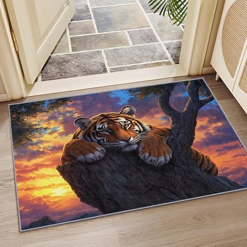 OUZUIU Tiger-Waschbarer Teppich - Wildtiere-Natur-Landschaft-Kurzflor-Teppich, Sonnenuntergang-Tierwelt-Design, rutschfest, Orange-Braun, für Wohnzimmer & Schlafzimmer 150x210cm Carpet OUZUIU Tiger-Waschbarer Teppich - Wildtiere-Natur-Landschaft-Kurzflor-Teppich, Sonnenuntergang-Tierwelt-Design, rutschfest, Orange-Braun, für Wohnzimmer & Schlafzimmer 150x210cm Carpet von OUZUIU