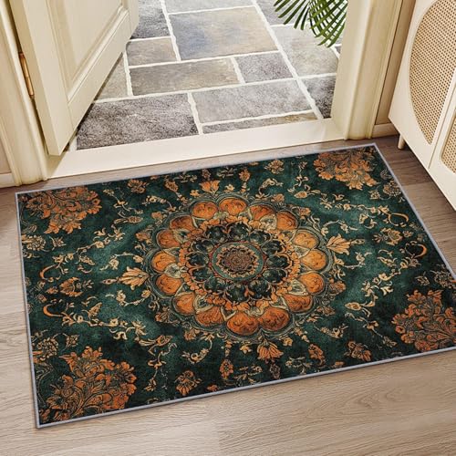 OUZUIU Vintage Teppich, Traditioneller Blumen Muster mit Ornamentalen Details, Waschbarer Kurzflor mit Antirutsch Eigenschaft, Ideal für Wohnzimmer & Esszimmer, Dunkelgrün Orange 160x200cm Carpet OUZUIU Vintage Teppich, Traditioneller Blumen Muster mit Ornamentalen Details, Waschbarer Kurzflor mit Antirutsch Eigenschaft, Ideal für Wohnzimmer & Esszimmer, Dunkelgrün Orange 160x200cm Carpet von OUZUIU