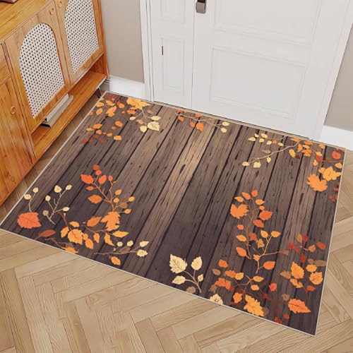 OUZUIU Waschbar Blätter Pflanzen Teppich 60x180cm Kinderteppich Modern 3D Holz Kurzflor rutschfeste Spielteppiche Kinderzimmer Schlafzimmer Wohnzimmer Zimmer von OUZUIU