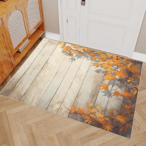 OUZUIU Waschbar Teppich 80x120cm Kurzflor Kaschmirimitat Weich Strapazierfähig Blätter Pflanzen 3D Muster Holz Druck rutschfeste Unterseite Bäder Küchen Eingangsbereiche von OUZUIU