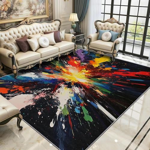 OUZUIU Waschbarer Abstrakter Kunst - Teppich, Farbspritzer - Design in bunter Vielfarbigkeit, Modernes & rutschfestes, Ideal für Schlafzimmer und Küche (Schwarz, Rot, Gelb) 160x220cm Carpet von OUZUIU