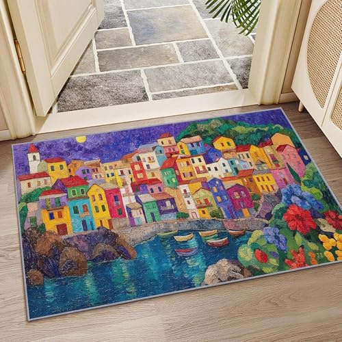OUZUIU Waschbarer Dorfteppich, Bunte Mediterrane Küstenlandschaft mit Küstenstadt, Impressionistischer Stil, rutschfest & Pflegeleicht, Ideal für Schlafzimmer (Rot, Gelb, Lila) 60x120cm Carpet von OUZUIU