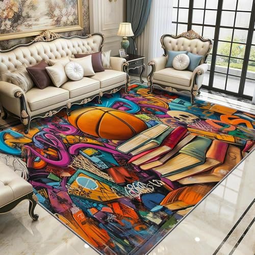OUZUIU Waschbarer Graffiti Teppich, Buntes Jugendliches Design mit Basketball, Street Pop Art Stil, rutschfest & Pflegeleicht, Ideal für Schlafzimmer & Küche (Orange, Blau) 80x300cm Carpet von OUZUIU