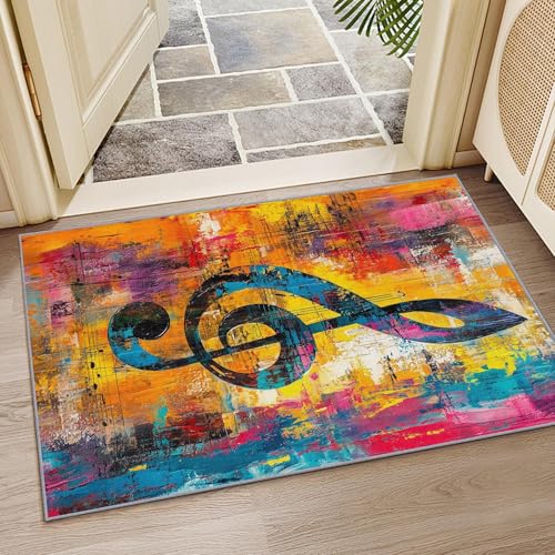 OUZUIU Waschbarer Musik Teppich, Buntes Abstraktes Violinschlüssel Design, Musikalische Note - rutschfest, Waschbar & Pflegeleicht, Schlafzimmer, Küche (Blau, Gelb, Orange) 60x150cm Carpet von OUZUIU