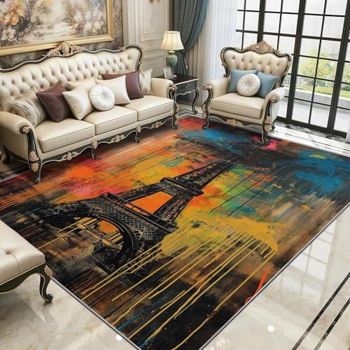 OUZUIU Waschbarer Teppich, Abstraktes buntes Stadt - Kunst - Design, Urban & Künstlerisch, rutschfest, Waschbar & Pflegeleicht, Ideal für Schlafzimmer, Küche (Blau, Orange) 120x190cm Carpet von OUZUIU
