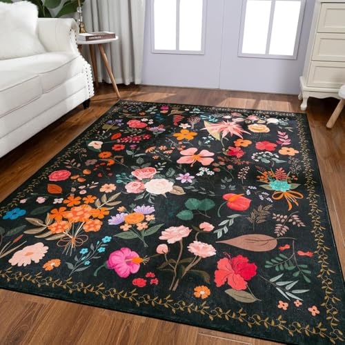 OUZUIU Wohnzimmer Kaschmir-Imitat Teppiche Weich Groß rutschfest Waschbar Schlafzimmer Schmücken Teppich Retro Blumen Schwarz Gelb Grün Faltbar 60x110cm Carpet von OUZUIU