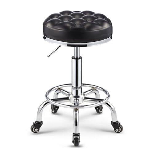 OUZVI Runder Rollhocker mit Fußstütze, drehbarer Salonhocker, verstellbarer Zeichenhocker, Massagehocker, Spa-Hocker mit PU-Leder, gepolsterter Sitz, Chrom-Metallsockel, Rot, Gold (Schwarz 2) von OUZVI
