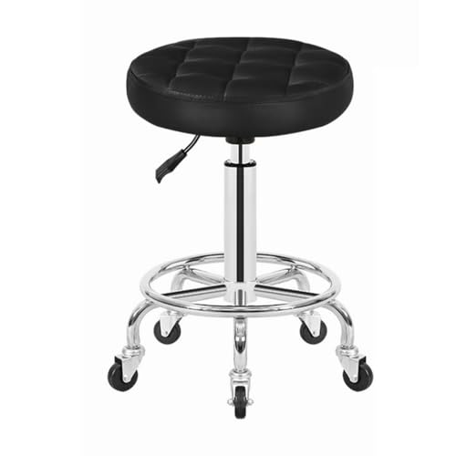 OUZVI Runder Rollhocker mit Rollen und Fußstütze, drehbarer Salonhocker, verstellbarer Zeichenhocker, Massage-Spa-Hocker mit PU-Leder-Polstersitz, Rot, Grün (schwarz) von OUZVI