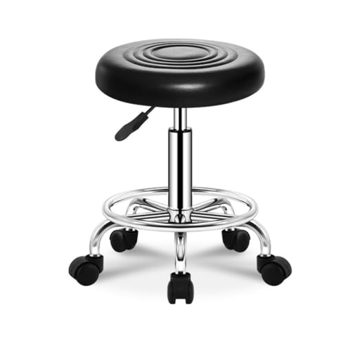 OUZVI Runder Rollhocker mit Rollen und Fußstütze, drehbarer Salonhocker, verstellbarer Zeichenhocker, Massage-Spa-Hocker mit PU-Leder-Polstersitz, weiß, rot (schwarz) von OUZVI